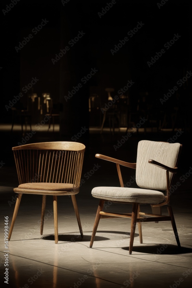 Aufkleber two chairs sit on stage in spotlight for design concept in studio setting with dark background and f