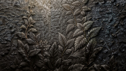 Black wall with leaf pattern, black background.