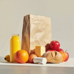 Groceries in paper bag still life shot with apples orange juice bread and cheese on a white surface in studio lighting