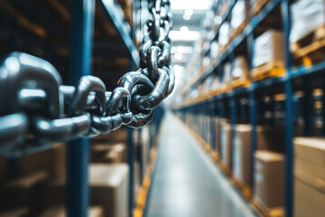 Strong metal chain in a warehouse aisle with blurred boxes on shelves