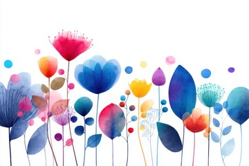 Watercolor floral illustration of colorful flowers and leaves in a garden against a white background whimsical and artistic style