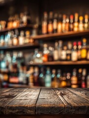 Rustic wooden bar top with blurred liquor bottles in background at dimly lit pub or restaurant for product placement