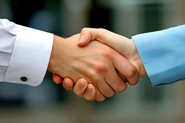 Close-up of two hands shaking.  Business professionals exchanging a handshake.  Formal business attire.  Positive, friendly, professional interaction