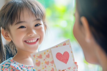 Smiling Girl Giving Mother Handmade Heart Card for Special Occasion