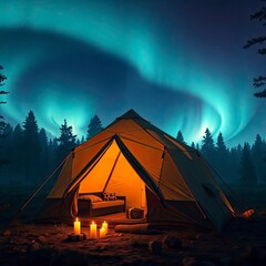A camping tent bathed in the glow of candlelight against a backdrop of an aurora borealis. The scene is set in a dense forest at night