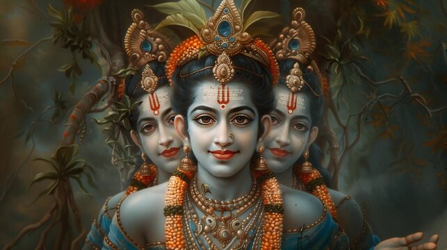 A serene and mystical depiction of Dattatreya, a Hindu deity with multiple arms and heads, surrounded by a halo of light and set against a dense forest backdrop.