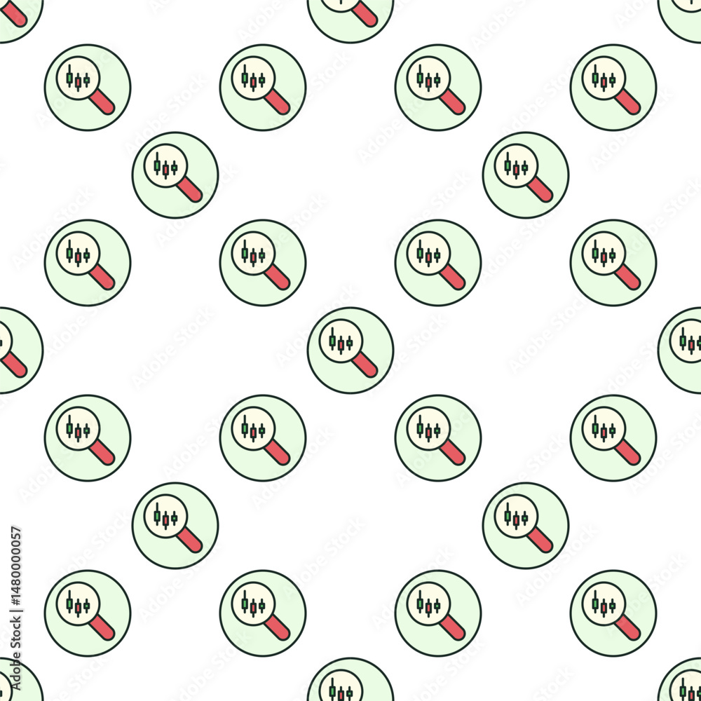Poster magnifying glass with candlestick chart crypto trading vector colored round seamless pattern
