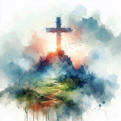Watercolor illustration of a Christian cross on a hill. AI generated illustration