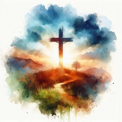 Watercolor illustration of a Christian cross on a hill. AI generated illustration