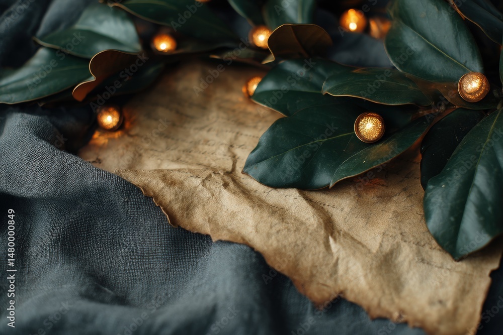 Poster aged paper backdrop with leaves and string lights.