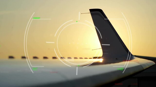 3D render winglet being highlighted against bright sunset sky, showing HUD overlay and vortex icons