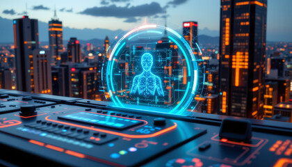 Futuristic control panel displays holographic human figure vibrant cityscape night, showcasing advanced technology