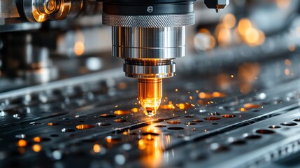 Close-up of industrial laser cutting machine cutting metal sheet.