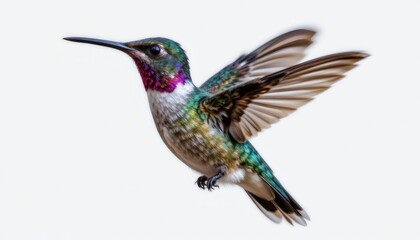 Fototapeta premium a vibrant hummingbird, white background, iridescent feathers, hovering pose, 4k resolution