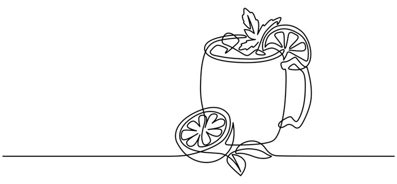 Moscow mule cocktail line drawing. Hand-drawn alcoholic drink line art. Hand drawn vector illustration with editable stroke. Isolated on transparent background.