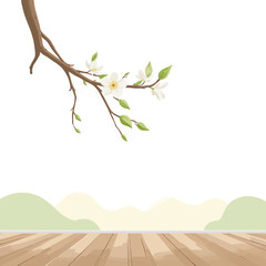 Obraz premium Blossoming Branch Over Wooden Floor with Green Hills