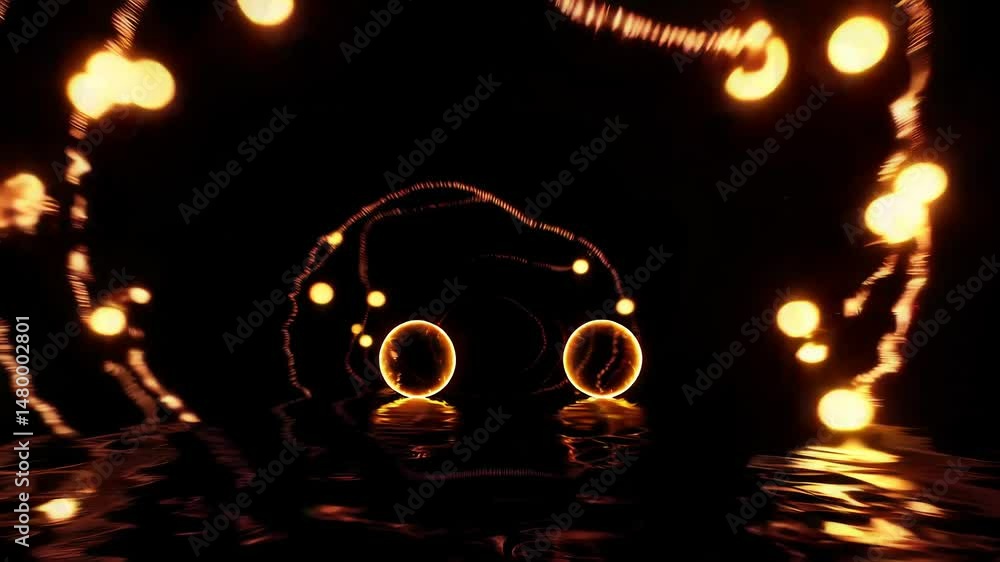 Poster swirling light patterns with reflections in dark background