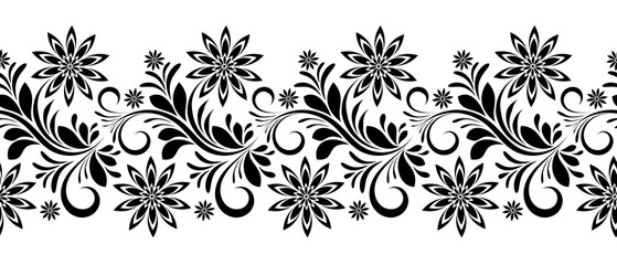 black and white seamless pattern with flowers, swirls and leaves on white isolated background, floral design element, decorative border