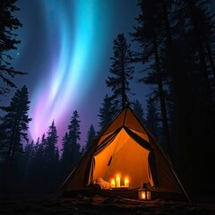 A futuristic camping tent bathed in the glow of candlelight, set against the backdrop of a mesmerizing aurora