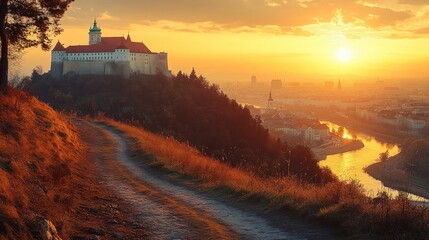 Scenic autumn sunrise over a medieval castle and city. A winding path leads to the top of a hill overlooking a river valley