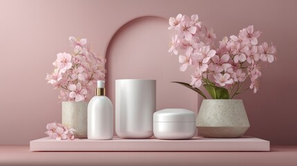 Fototapeta premium Elegant Pink Beauty Product Display with Cherry Blossoms