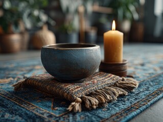 Calm and Serene Atmosphere with Bowl and Candle on Decorative Rug in Cozy Interior Setting