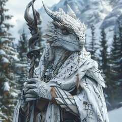 Fototapeta premium A majestic silver-plated dragonborn stands in a snowy mountain landscape, its imposing presence emphasized by its cloak and staff, with a direct and piercing gaze.