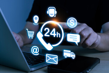 Naklejka premium Contact Us. people hand touching on 24 hour 7 day icon diagram with mobile smartphone, call center, digital marketing technology, customer service, helpdesk advice online support concept