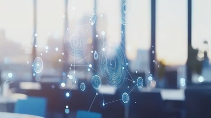 Modern digital network overlay on a blurred office scene.