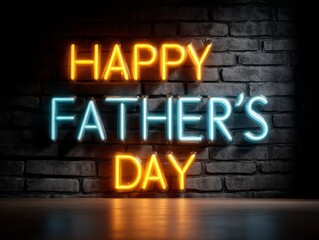 Vibrant Neon Sign Saying Happy Father's Day on Dark Brick Wall for Celebration Decor