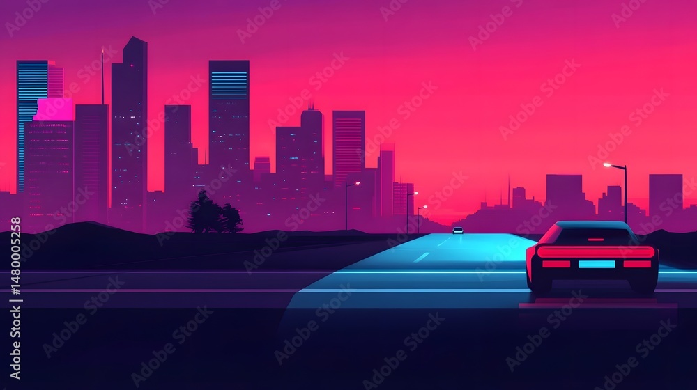 Poster futuristic city skyline with advanced car navigation systems and digital interfaces