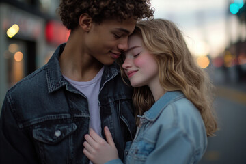 Naklejka premium Young couple sharing intimate moment on city street at dusk
