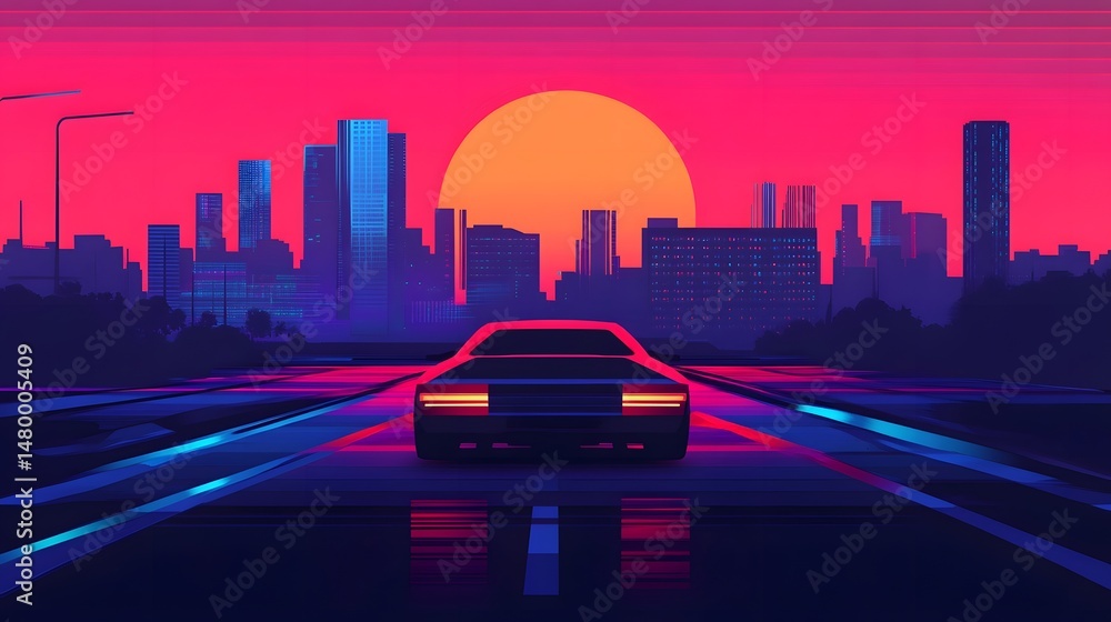 Poster futuristic city skyline with advanced car navigation systems and digital interfaces