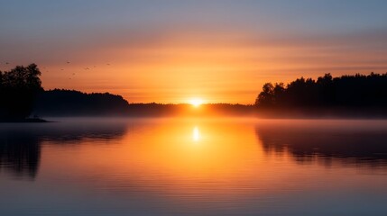 Naklejka premium Tranquil sunrise reflection on a still lake