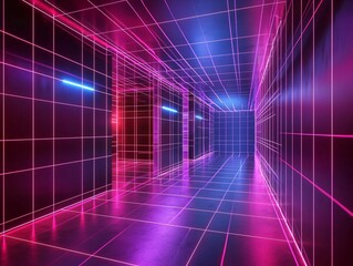 Fototapeta premium Futuristic Neon Corridor with Grid Patterns and Vibrant Colors