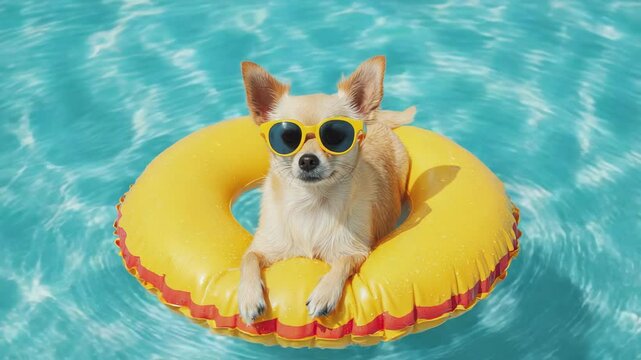 Funny chihuahua dog wearing sunglasses relaxing on yellow float ring in swimming pool on sunny summer day
