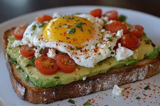 Delicious Avocado Toast Topped With a Sunny Side up Egg, Cherry Tomatoes, and Feta Cheese Served on Whole Grain Bread at a Trendy Brunch Spot