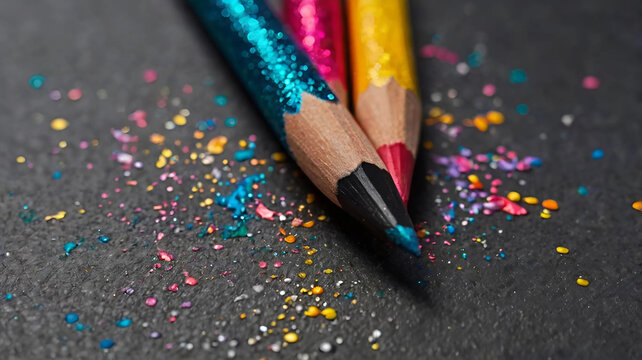 Vibrant Glitter Pencils on Dark Surface Artistic Closeup