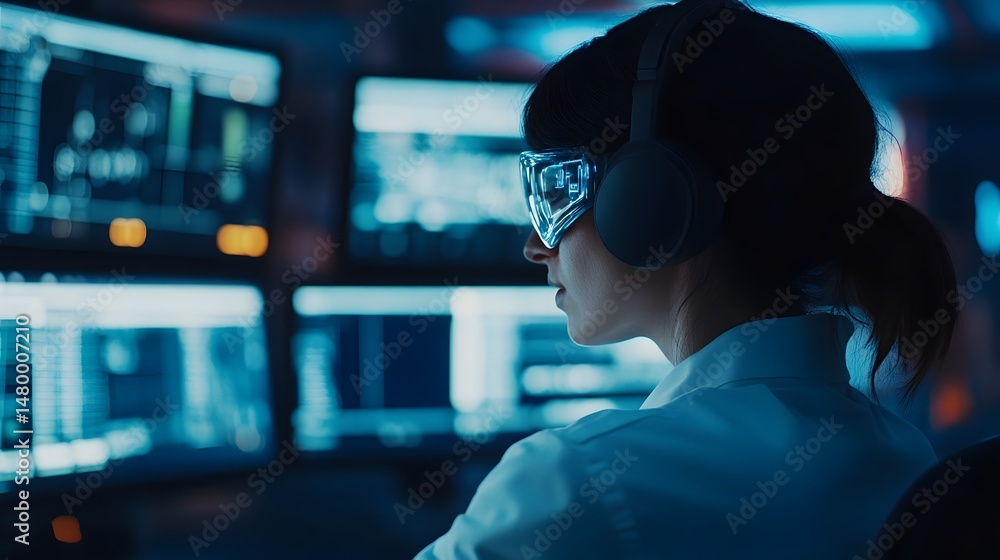 Poster woman engineer working on a computer in a futuristic lab