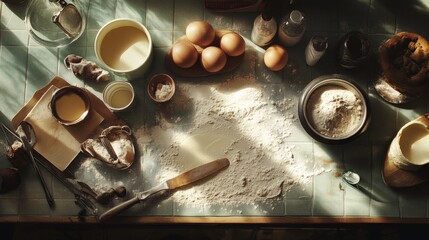 Fototapeta premium A well-lit kitchen scene with fresh ingredients perfectly arranged for baking a delicious treat.
