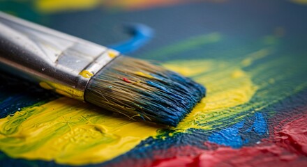 Fototapeta premium Close-up of Paintbrush on Colorful Paint Strokes