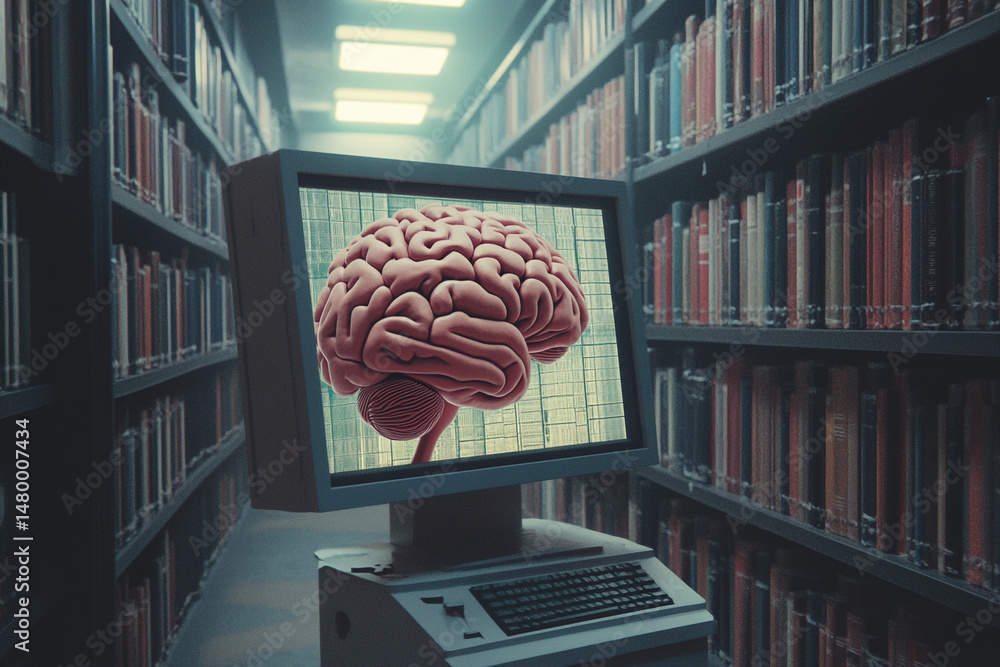 Aufkleber a human brain displayed on an old computer screen inside a library knowledge and technology