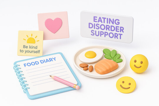 Eating disorder support nutrition consultation subtopics shown with food diary healthy meal and positive reminders for self care