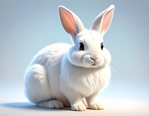 Obraz premium Cute fluffy white bunny with long ears sits against a soft light-blue background