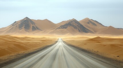 Desert highway vanishing point, sand dunes, travel
