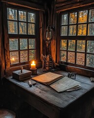 Cozy autumn ambiance writing at rustic desk inside log cabin with forest view for relaxing and creativity