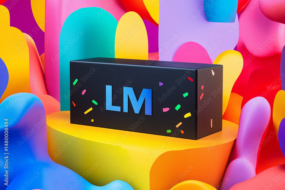 Poster black box with lm lettering on colorful background abstract design