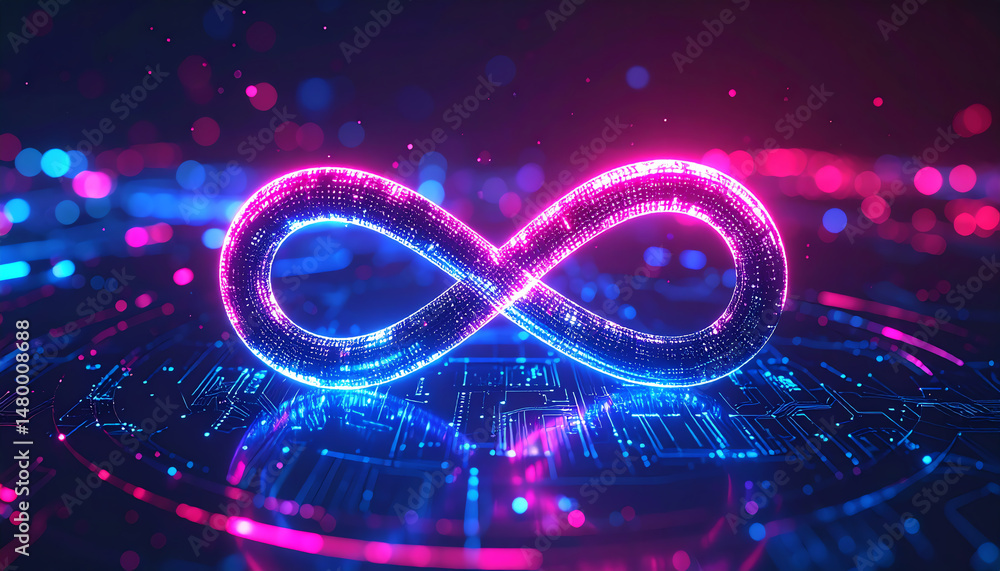 Poster a vibrant infinity symbol made of glowing, digital particles, set against a dark background with abs