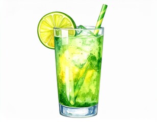 Refreshing drink tall glass filled with ice and a green liquid, garnished with lime and a straw