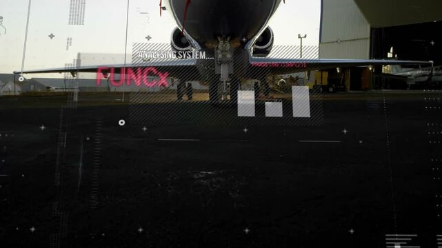 Commercial jet fuselage being displayed on tarmac, 3D render showing engines, digital overlays